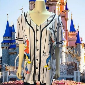 Disney Mickey Mouse, Goofy, and Donald Duck Pinstripe Button Up Jersey L